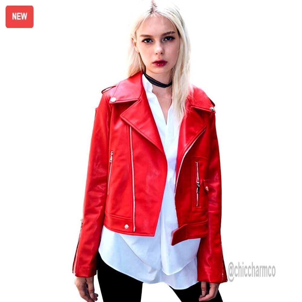 Faux Leather Motorcycle Jacket Zipper Biker Style Classic Chic Retro
